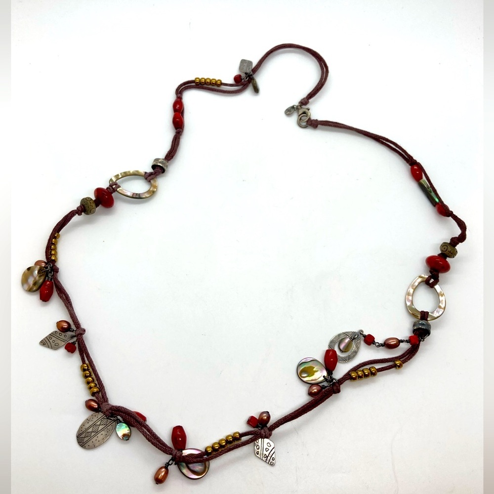 Silpada Red Coral Abalone Shell Pearl Sterling Silver Brown Cord Necklace N2116